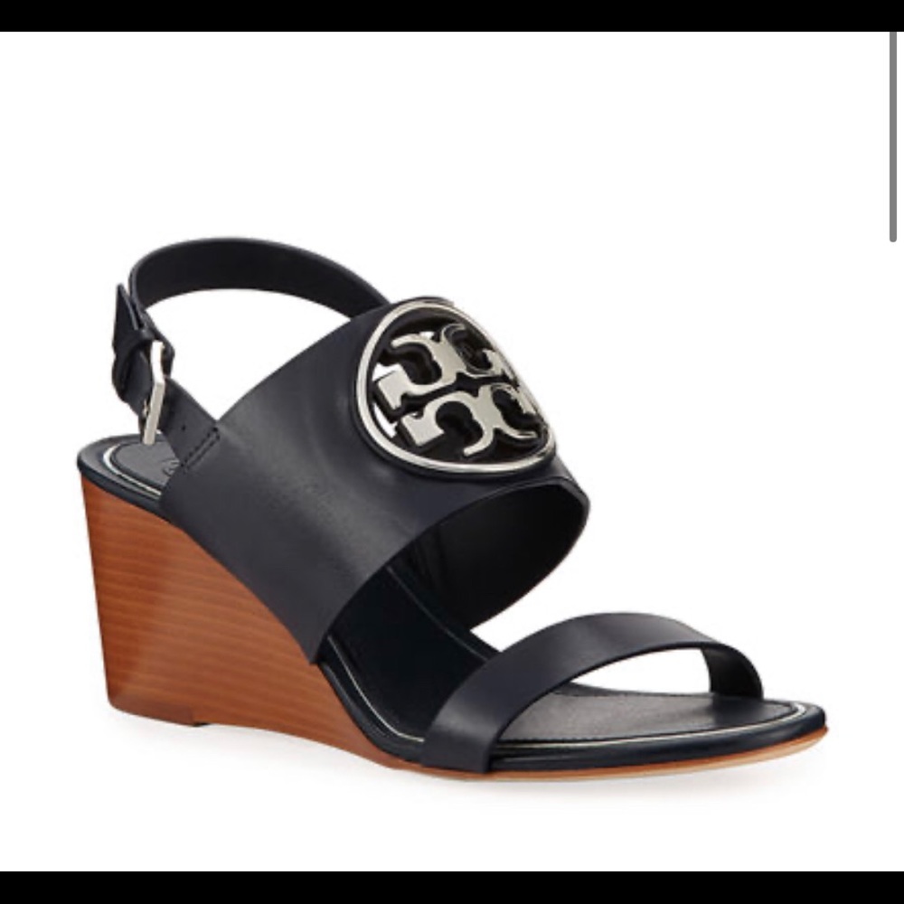 NIB Tory Burch Navy/Silver Miller Wedge Sandals